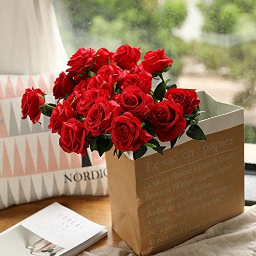 10pcs Red Roses Artificial Flowers, Realistic Faux Rose with Long Stem