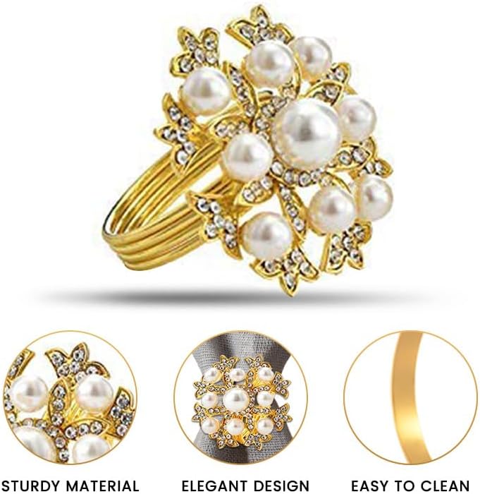Set of 12 Gold Napkin Rings with Pearl Design, Festive, Table Decor Setting for Holiday, Wedding, Birthday, Kitchen