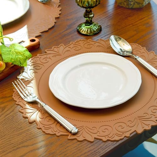 Round Faux Leather Placemats Set of 4, Dining Table Mats, Umber Brown