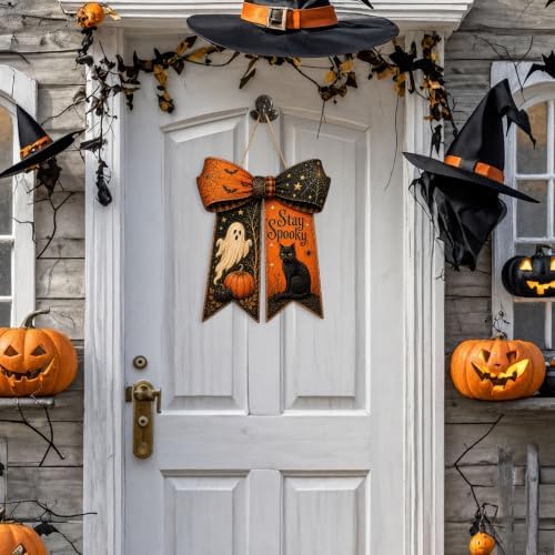 Halloween Bow Door Hanger Ghost Cat Black Orange Front Porch Wooden Sign