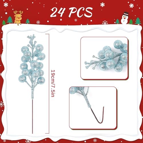 24 Pack Light Blue Berry Stems,Artificial Burgundy Glitter Red Berries,7.5 Inch Christmas Berries Picks for DIY Crafts Christmas Tree Christmas Wreath Home Wedding Home Party Decoration (Light Blue)