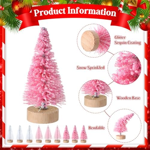 Sumind 48 Pcs 1.78 Inch Mini Bottle Brush Christmas Trees Pink White