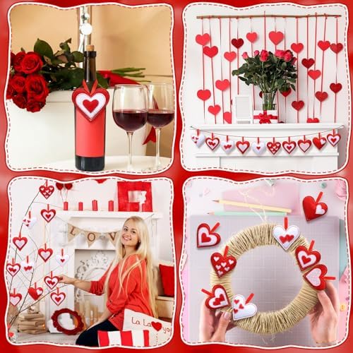 Mindsoft 30 Pcs Valentine Felt Ornaments Heart for Tree 2.4 Inch Valentines Heart Hanging Decorations Red White Hanging Decoration for Valentines Wedding Anniversary Vase Bowl Filler DIY Crafts
