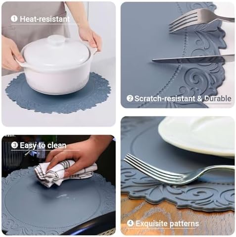 Round Faux Leather Placemats Set of 6, Dining Table Mats, Blue