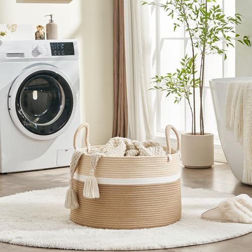 KAKAMAY Large Blanket Basket with Handles, Storage Basket for Living Room