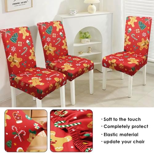 Red Christmas Chair Covers Set of 4,Winter Gingerbread Christmas Tree Snowflake Chair Protectors,Elastic Removable Washable Dining Chair Covers for Winter Christmas Kitchen Dining Room Holiday Decor