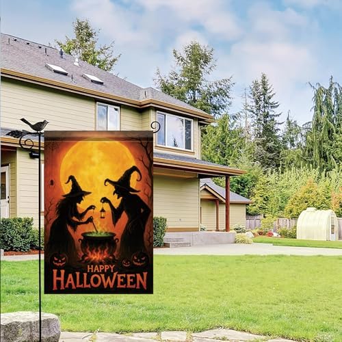 Happy Halloween Garden Flag Witches Cauldron Full Moon Flag 12x18 Inch Double Sided Outdoor Yard Banner for Trick or Treat Haunted House Halloween Decoration Decor