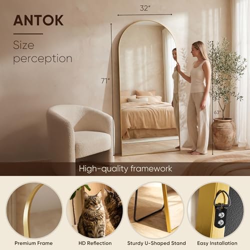 Antok 71" x32” Arched Full Length Mirror, Floor Mirror with Stand,Gold