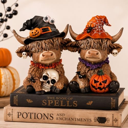 Karenhi 2 Pcs Highland Cow Figurines, Halloween Tabletop Statues Decor