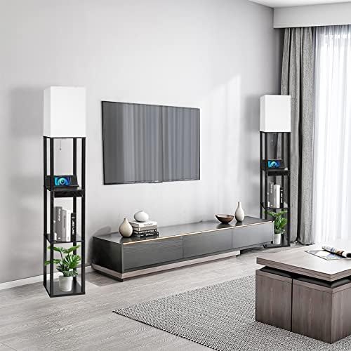 Floor Lamp with Shelves, RUNTOP LED Shelf Floor Lamp with Wireless Charger & 2 Charging USB Ports & Drawer, AC Outlet