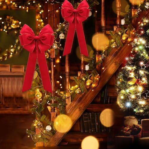 2 Pcs Large Christmas Bow, 35" x 17" Red Velvet Golden Edged Bows