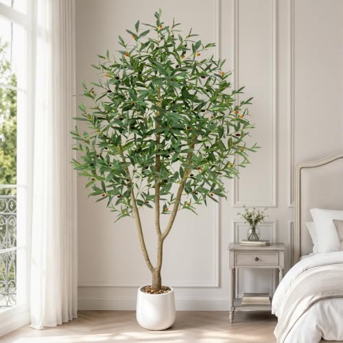 6ft Artificial Olive Tree with Tall Exquisite Planter | Realistic Faux Olive Tree with Thick Trunk and Lifelike Leaves