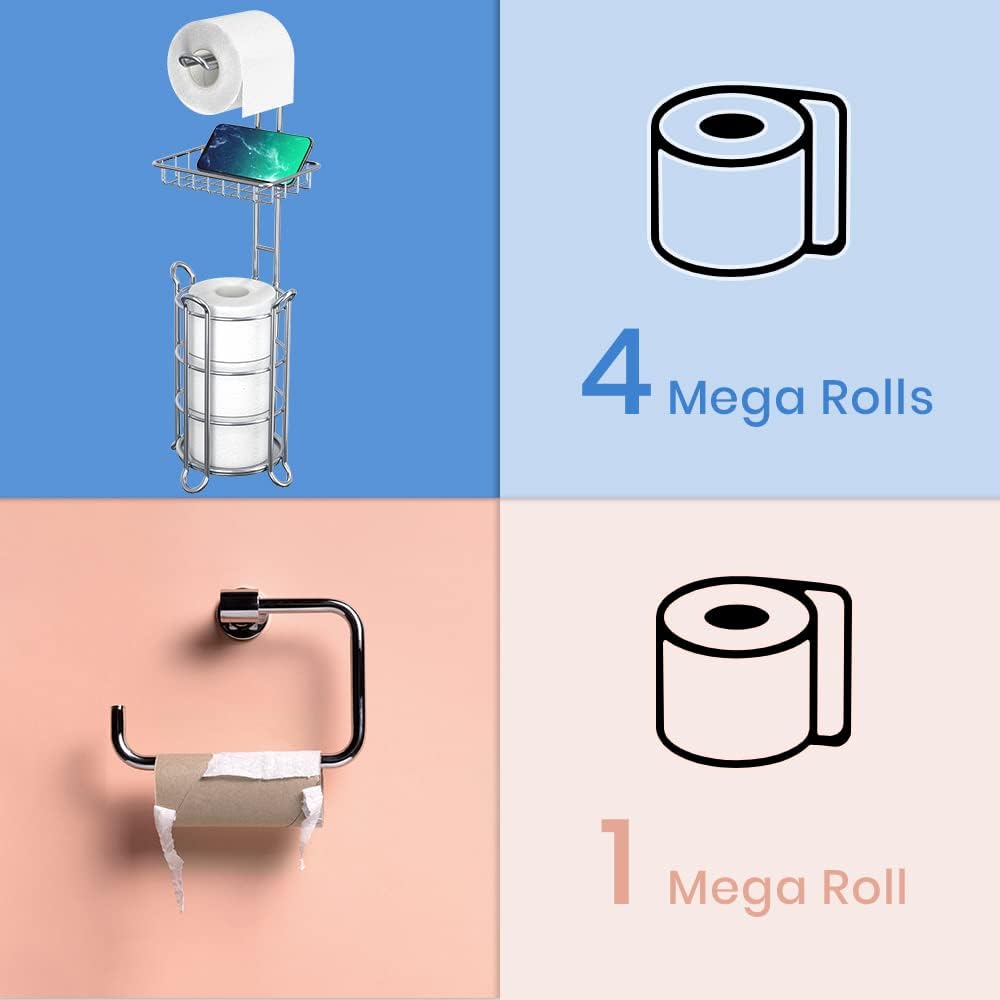 Chrome Toilet Paper Holder Stand Tissue Holder for Bathroom with Shelf Storage Holds 4 Mega Rolls Phone and Wipes