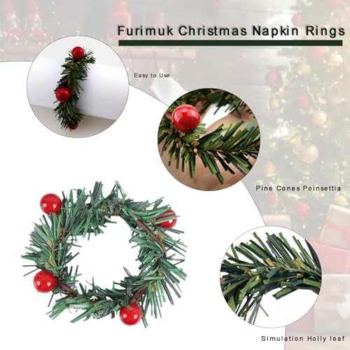 15 Pcs Christmas Napkin Rings Holly Berry Napkin Buckle Needles Wreath Pines Red Berries Candle Ring Wreath Holder for Xmas Birthday Wedding Thanksgiving Party Banquet Table Decorations