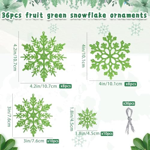 36pcs Christmas Lime Green Snowflake Ornaments，Plastic Lime Green Snow Flakes Hanging Ornaments for Christmas Tree Decor Winter Wonderland Frozen Birthday Party Holiday Home Decor Craft Snowflake