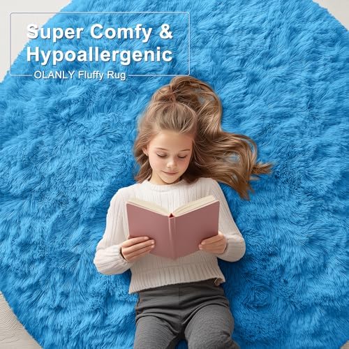 OLANLY Bright Blue Round Rugs for Bedroom - Machine Washable, 2 ft Circle Area Rugs for Living Room, Soft and Fluffy