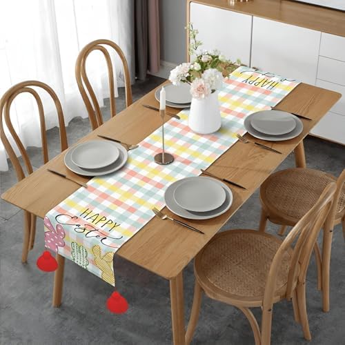 Niviy Buffalo Plaid Rabbit Bunny Happy Easter Table Runner, 13x60 Inch Check Stripes Kitchen Table Decor, Spring Kitchen Dining Table Decoration for Home Party Decor
