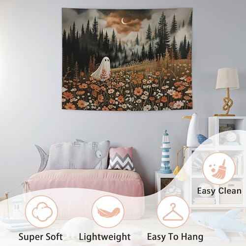 NATSUNO Halloween Tapestry, Halloween Spooky Ghost Wall Tapestry for Bedroom, Whimsical Enchanted Forest Flower Ghost Tapestries Wall Hanging for Home Living Room Decor, 50x60 Inches