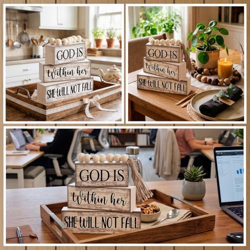 Lineshading 4 Pcs Wooden Blocks God Is Within Her Farmhouse Decor