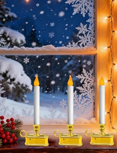 4 Pack Christmas Window Candle Lamps with Sensor Dusk to Dawn,10 Inch Battery Operated LED Window Candles with Flickering Amber Flame for Weddings Table Christmas Decor, Gold Plated Base
