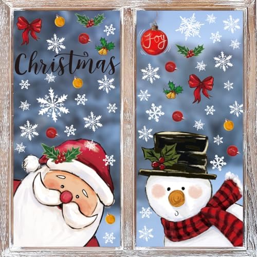 Horaldaily 57 PCS Christmas Window Cling Sticker, Santa Claus Deers Snowman Xmas Tree for Home Party Supplies Shop Window Glass Display Decoration