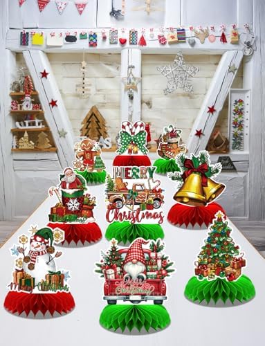 Christmas Party Table Decorations, 9Pcs 3D Christmas Honeycomb Centerpieces with Santa Claus & Snowman Designs, Festive Table Toppers for Winter Christmas Party Supplies
