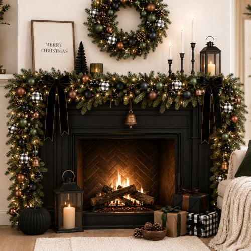 Lunmon 64 Pcs Neutral Christmas Ball Ornaments Bulk Matt Glitter Check Brown Green Black Xmas Bulbs Ornaments 1.6/1.97/2.4 Inch Modern Christmas Decorations for Tree Holiday Indoor Wreath Home Decor