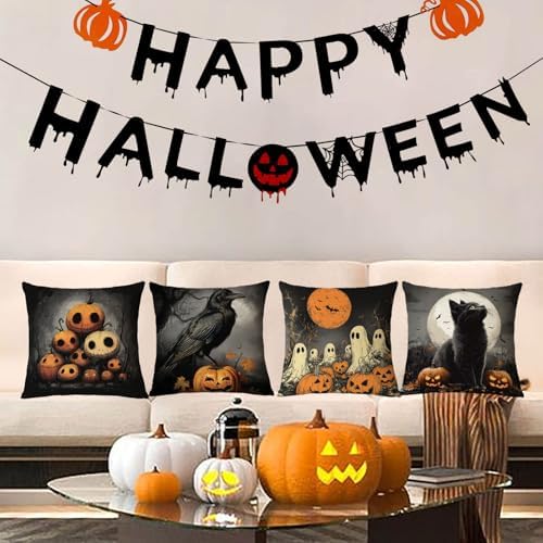 YeeJu Set of 4 Halloween Pillow Covers 12x12 Inch Cute Ghost Pumpkin Decor Throw Pillow Covers Black Plaid Happy Halloween Cushion Covers Linen Pillow Cases for Home Outdoor Sofa Couch (12 by 12)