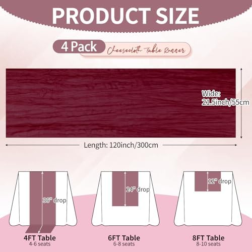 4 Pcs Burgundy Christmas Cheesecloth Table Runner 10Ft, Gauze Table Runners 21.5 x 120 inch, Semi Sheer Cheese Cloth Fabric Runner Bulk for Wedding,Party,Baby Shower,Bridal Shower