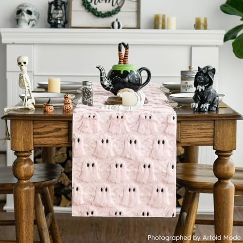 Artoid Mode Pink Soft Faux Fur Ghost Halloween Table Runner 13x72 Inch
