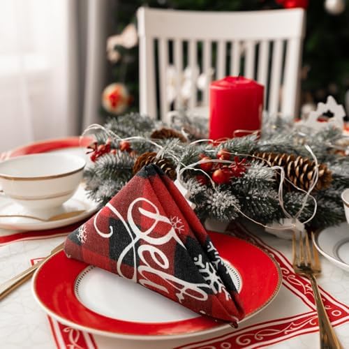 Funnymoom 24 Pcs Christmas Buffalo Plaid Cloth Napkins Red White 15x15