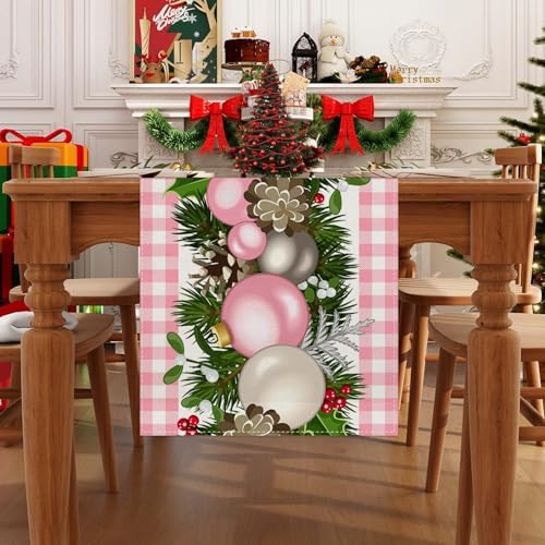 Jiudungs Pink Christmas Table Runner, Xmas Holiday Decorations for Home