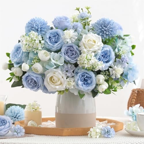 8 Pcs Mixed Artificial Peony Flowers Set-4 Bouquets & 4 Stems, Blue Fake Peony Rose Hydrangea Flowers for Vase Silk Floral Arrangements for Table Centerpiece Wedding Party Bridal Decoration Home Decor