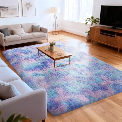 Ophanie Rainbow Purple Mermaid Rugs for Living Room 6x9,Kids Fluffy Shag Fuzzy Plush Soft Carpets,Floor Shaggy Area