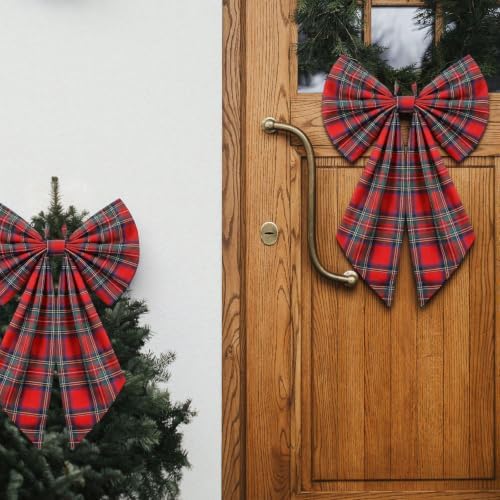 Suncalla 2 Pcs Red Green Christmas Tartan Plaid Wreath Bows 18'' x 12''
