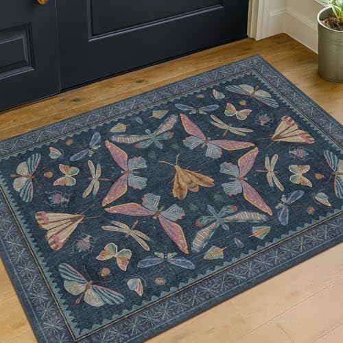 Dark Blue 2x4 Non Slip Bathroom Rug, Washable Vintage Boho Insect Carpet for Kitchen Floor, Entryway & Powder Room, Low