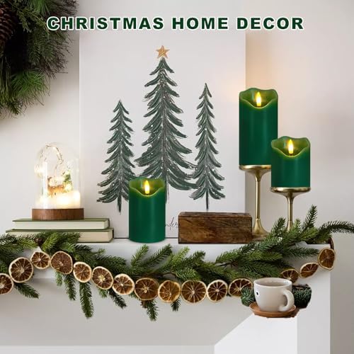 Green Flameless Candles Set of 3, Christmas LED Candles with Remote & Timer