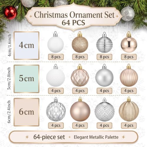 Lunmon 64 Pcs Champagne Gold White Christmas Ornaments 1.57/1.97/2.36 Inch