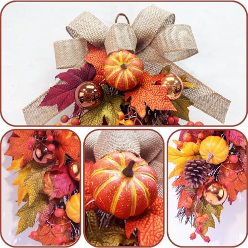 24" Pre-Lit Fall Teardrop Swag with 15 LED Lights & Timer, Pumpkins, Maple Leaves, Pinecones & Burlap Bow, Battery Operated Autumn Door Swag for Thanksgiving & Halloween Decor