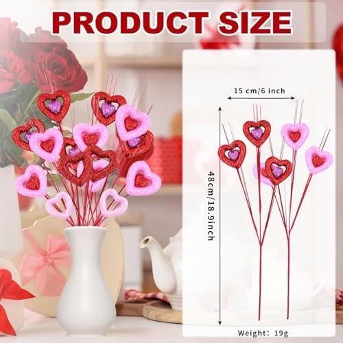 6PCS Valentine Day Decorative Floral Picks, Glitter Heart-Shaped Decorative Picks for Vases, Glittering Red and Pink Romantic Vase Fillers for Weddings, Anniversaries, Home & Table Decor​