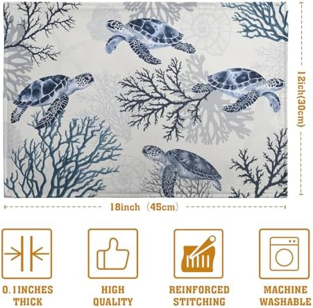 Coastal Beach Placemats Set of 4 Nautical Theme Coral Sea Turtle Navy Blue Place Mat 12x18 Inch Seasonal Summer Ocean Washable Linen Fabric Table Mats for Party Kitchen Dining Decoration