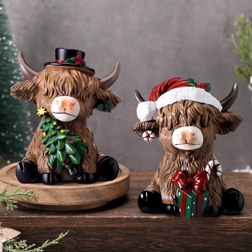 Karenhi 2 Pcs Highland Cow Figurines Resin Christmas Decor for Home Office