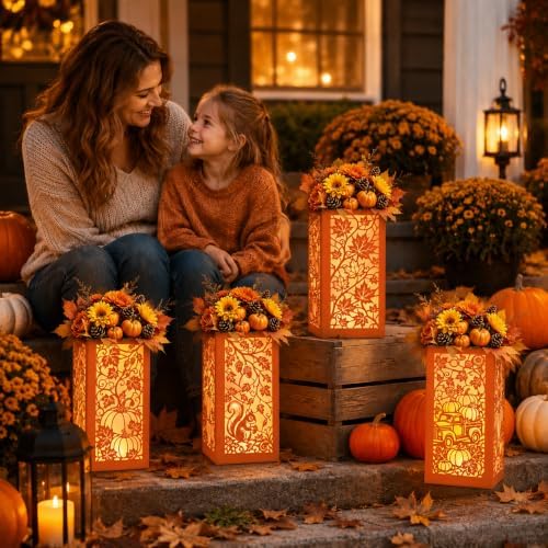 Urlax 4PCS Fall Decorations for Home Thanksgiving Table Centerpiece Box for Floral Arrangements Autumn Harvest Table Decor with Maple Leaves Pumpkin Squirrel Truck Design
