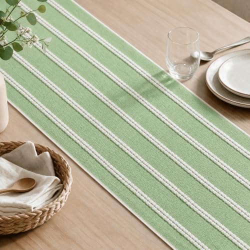 Artoid Mode Sage Green Farmhouse Dashed Stripe Table Runner, Seasonal Holiday Spring Boho Rustic Kitchen Dining Table Decoration for Home Party Decor 12x90 Inch