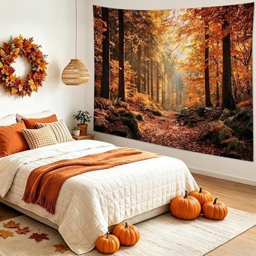 LB Fall Forest Tapestry for Bedroom, Autumn Rustic Orange Maple Tree Wall Tapestry, Nature Landscape Extra Large Tapestries Wall Hanging for Living Room Dorm Decor, 92Wx70.5H inches