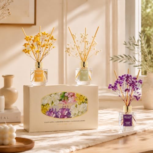 Airkeep Reed Diffuser Set of 3,Clean Linen Cashmere Vanilla Lavender Garden Oil Reed Diffusers for Bedroom Living Room