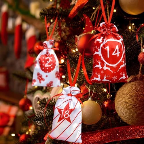 24 Pcs Christmas Drawstring Gift Wrap Bags Reusable Advent Calendar Bags Cute Xmas Candy Toys Goody Treat Bag Pocket for Holiday Weedings Birthdays Party Favor Home Storage Gift Bag