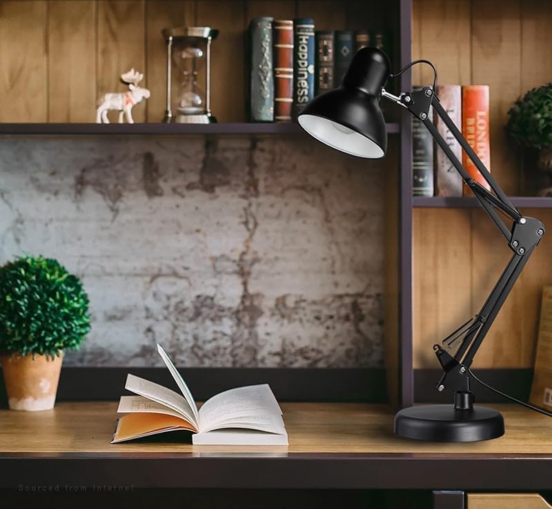 Adjustable Clamp Desk Lamp 24" Height, Swing Arm Architect Metal Table Lamp, Gooseneck and 360° Rotating Shade, E26
