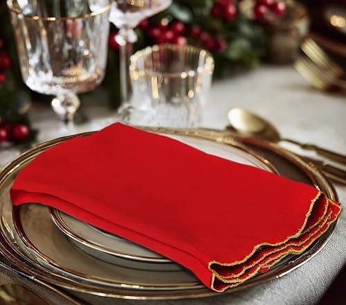 COTTON CRAFT Red Cloth Napkins with Gold Trim - 12 Pack Christmas Napkins