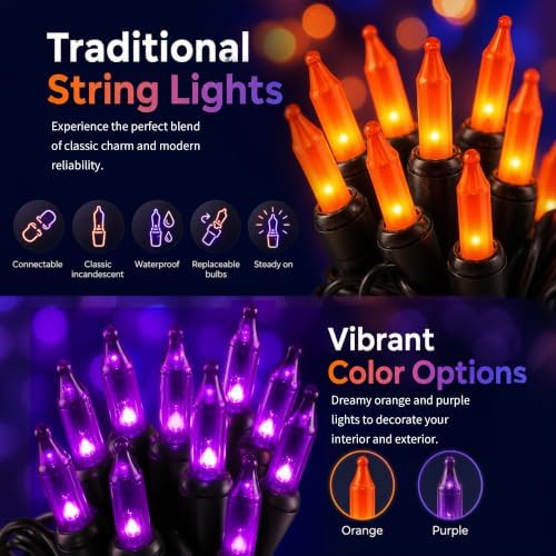 TW SHINE Purple and Orange Halloween Lights, 2 Pack 20FT 100 Count Incandescent Mini String Lights, Waterproof Halloween Decorations for Outdoor Indoor Patio Home Party Garden Yard Decor